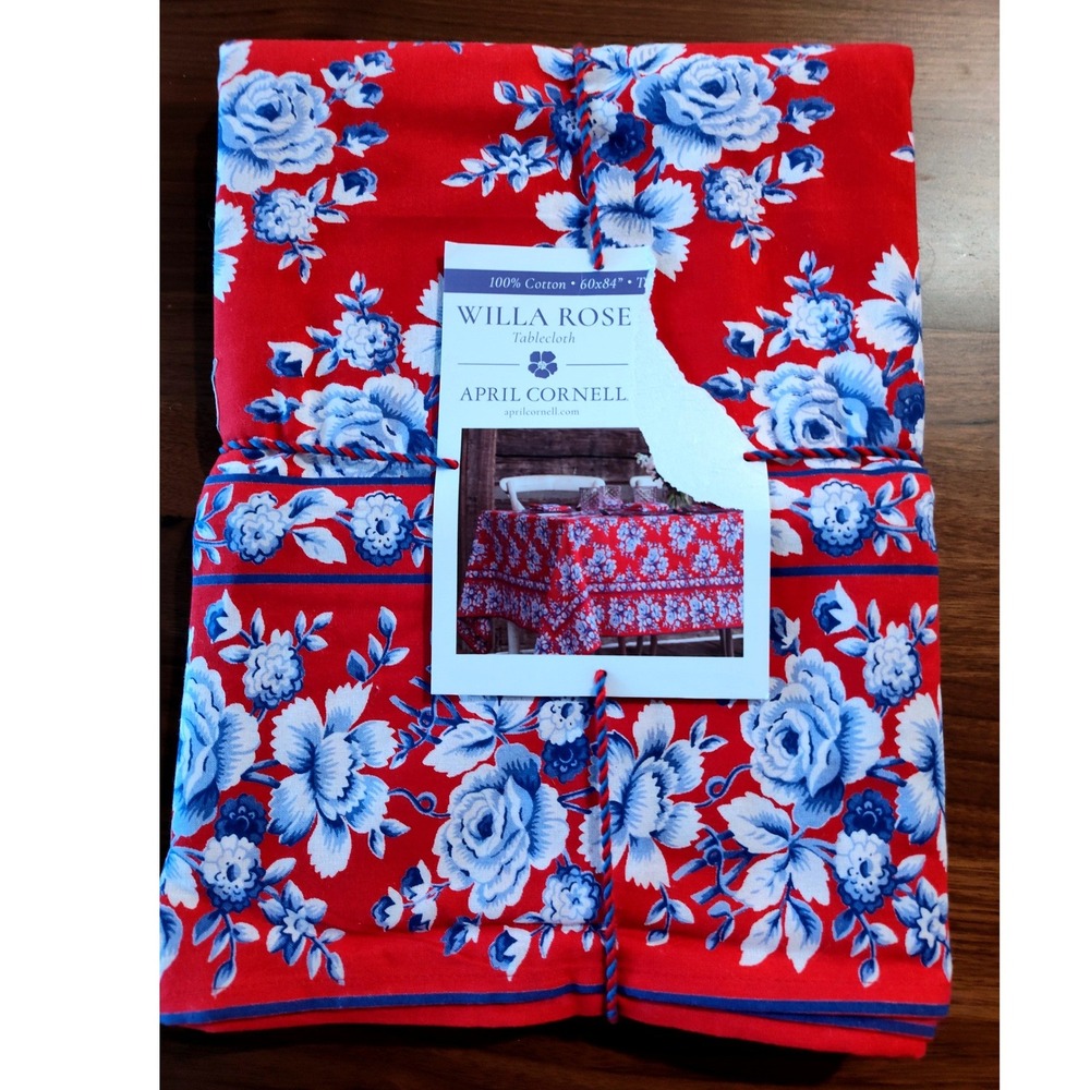 April Cornell Willa Rose Tablecloth Red Blue Floral 100% Cotton 60x84 Rectangle